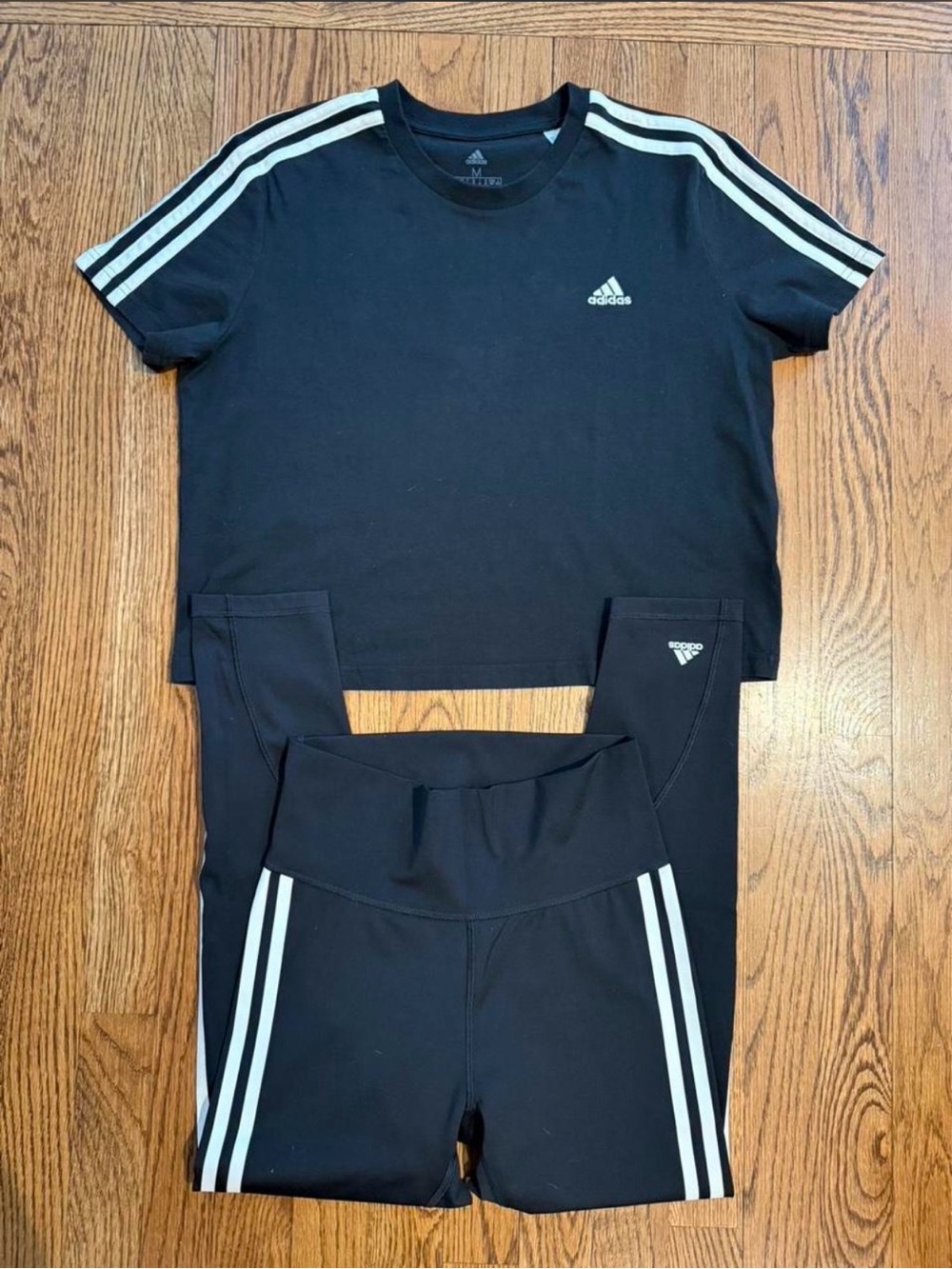 adidas Black Womens Athletic Leggings and Cropped Tee with White Stripes